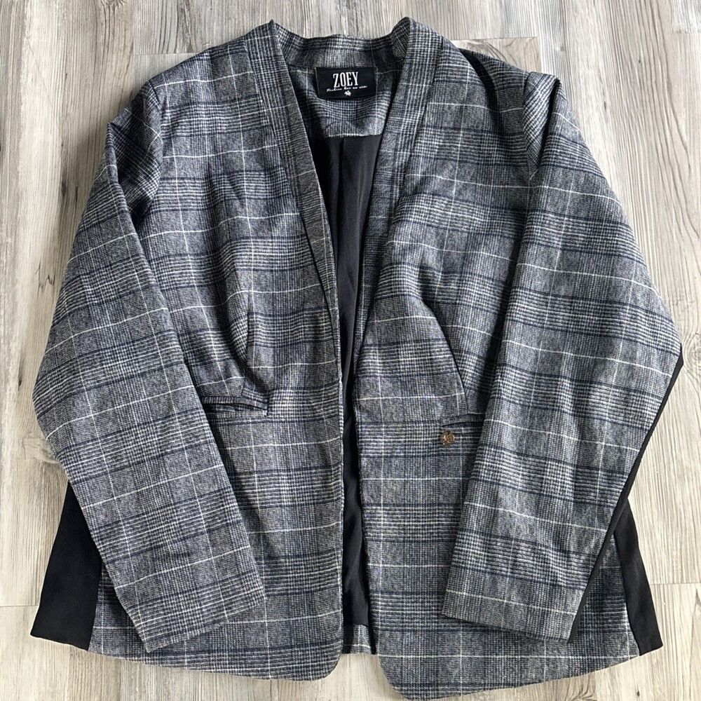 Zoey Houndstooth Viscose Blend  Blazer Vegan Suede Partial Sleeve Size Large